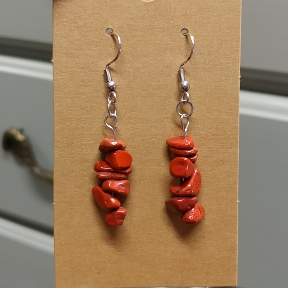 Red Jasper Earrings Natural Gemstone Chip Beaded Surgical Stainless-Steel Dangle - Picture 6 of 12